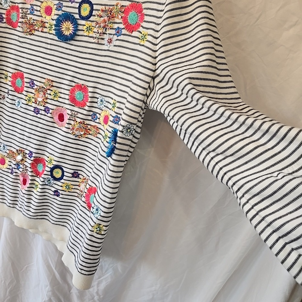 Talbots Women's L Striped 3/4 Sleeve Floral Embroidered Beads Boho Hippie Shirt - Picture 7 of 16
